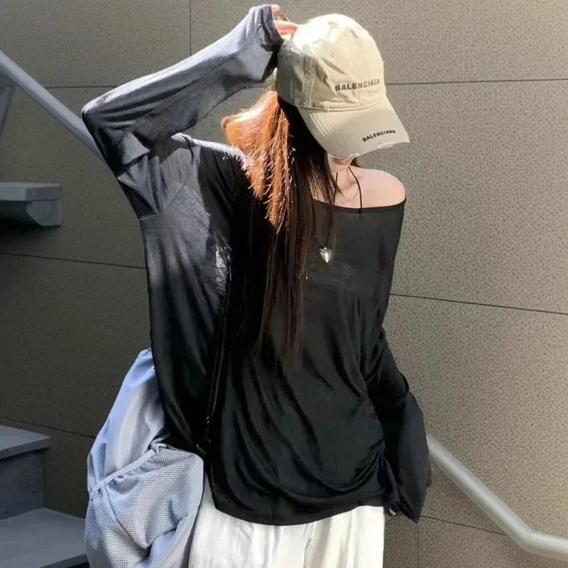 Korean Fashion Women Sheer Loose Tshirts Summer Casual Sun-proof Leisure Long Sleeve Clean Fit Ulzzang Style