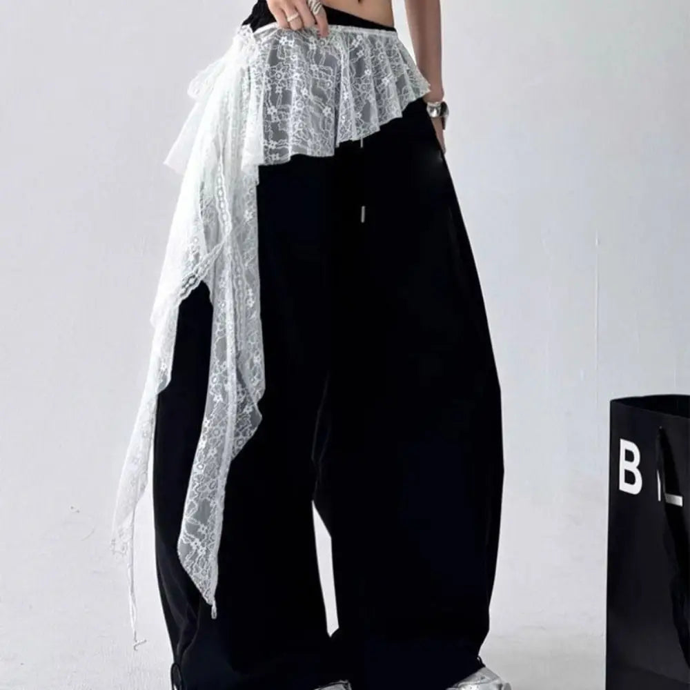 Embroidered Flower Lace Mini Skirt Irregular Y2K Streetwear Ruched Skirts See Through High Waist Lace Up Ruffles Skirt
