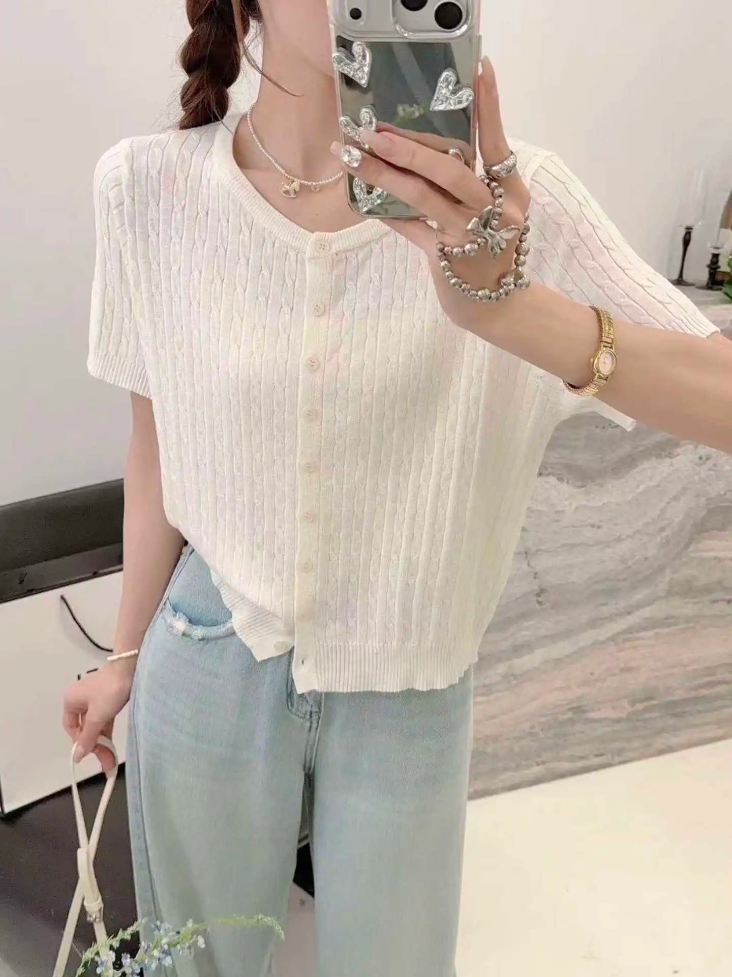 Knitwears Knitted Sweater Women Cardigans O-Neck White Knit Sweater Cardigan Women Tops New Summer Short Sleeve Sweaters Q3730
