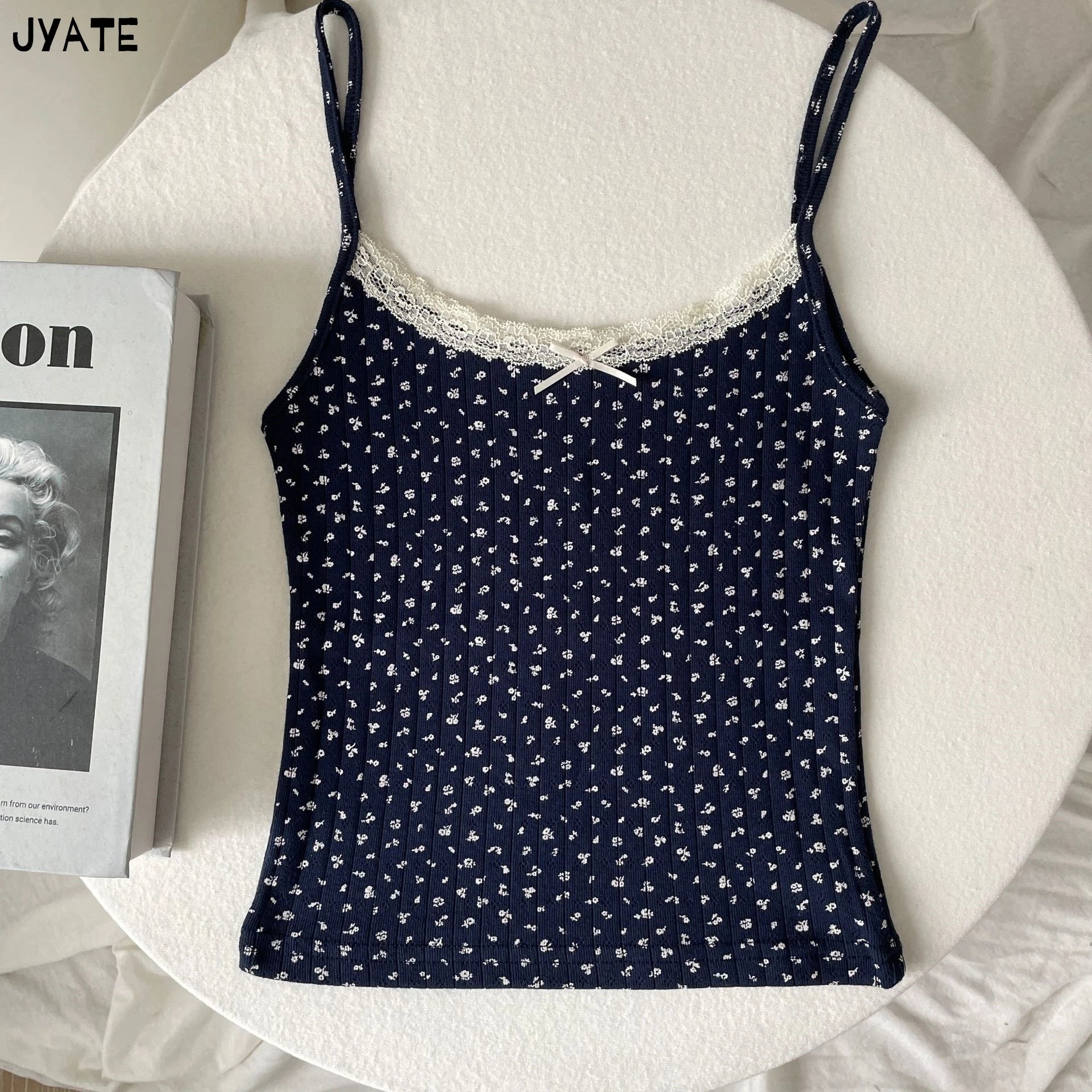 Sweet Floral Print Eyelet Bow Cropped Vests Women Cotton Casual Slim Lace Trim Tank Tops Vintage Preppy Style Cute Camisole Y2K