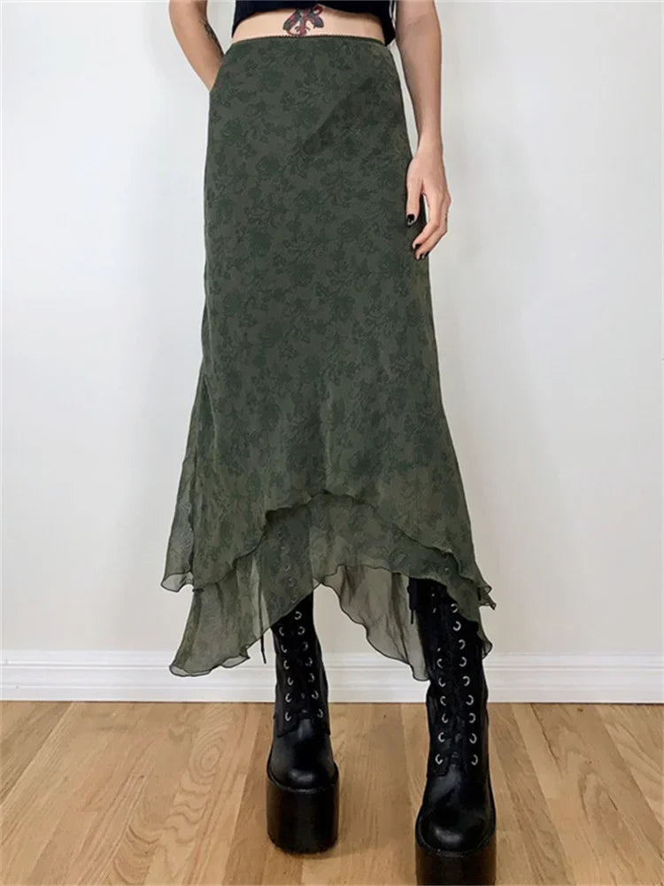 Women Floral Midi Skirts High Waist Mesh Wrapped Irregular Skirt Y2K Aesthetic Grunge Casual Sexy Streetwear