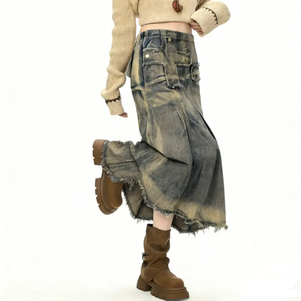 Retro Old Rough Edge Denim Skirt Women's 2026 New A-shaped Skirt Irregular Design