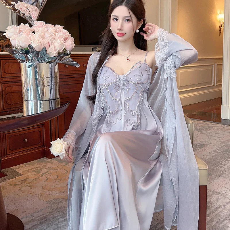 Summer New Arrival Chiffon Bathrobe With Ice-silk Nightdress Set Robe Gown Sets Fashion Women's Sweet Elegant Fairy Sleepwear