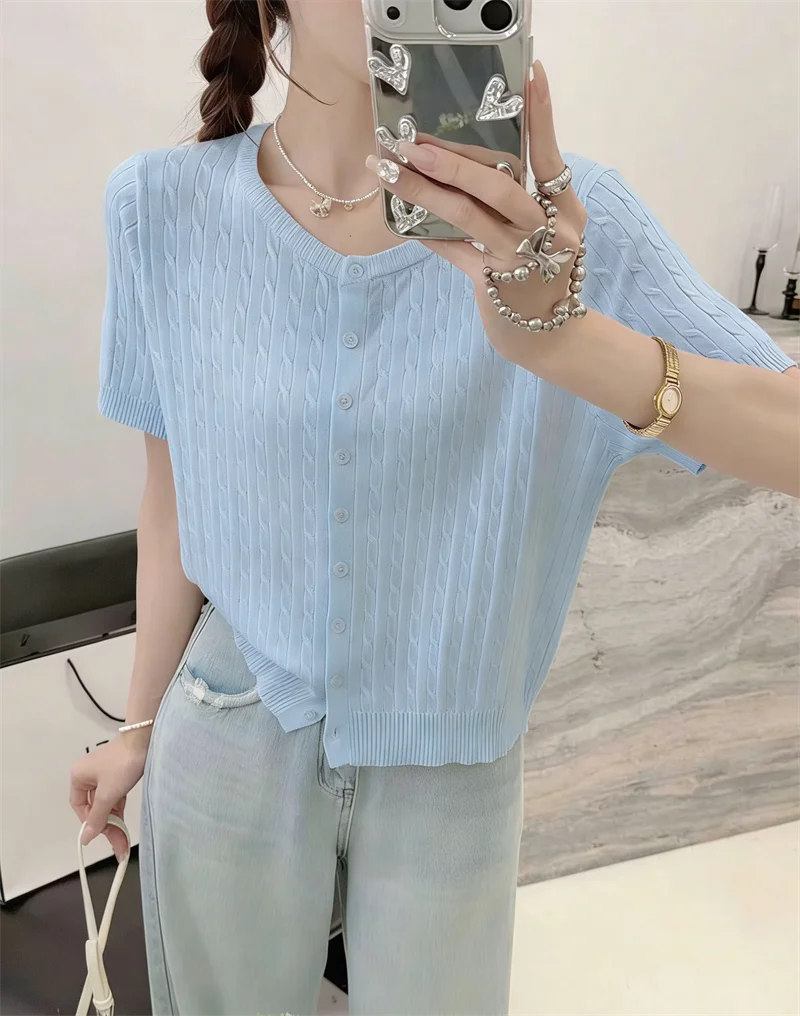 Knitwears Knitted Sweater Women Cardigans O-Neck White Knit Sweater Cardigan Women Tops New Summer Short Sleeve Sweaters Q3730