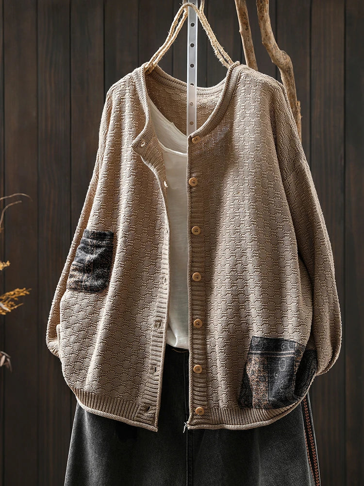 100% Cotton Women Long Sleeve Knitted Cardigan New Arrival 2025 Autumn Vintage Style O-neck Loose Female Casual Sweaters M1883