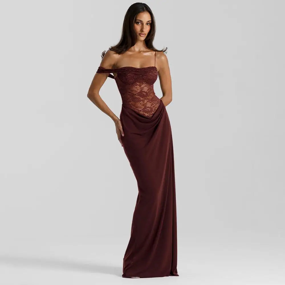 Luxury Women's Brown Curvy Dress Sexy One Shoulder Lace Transparent Party Evening Long Dresses Female Black Burgundy New Summer