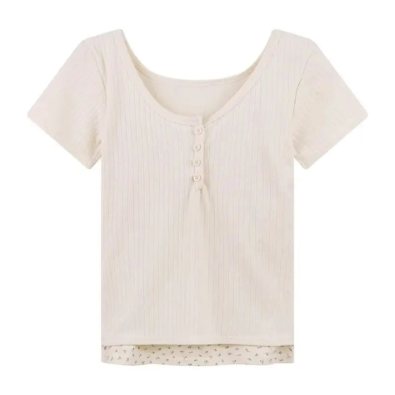 Sweet Floral Lace Trim Short Sleeve TShirt Women Summer Slimming Short Style Top Fake Two Piece Pure Desire Splice Shirt