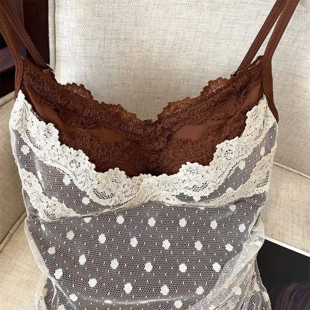 Lace Dots Fake Two Pieces Camisole Wrapped Chest Bra Slim Fit Sweet Girl's Tank Top Tank Top Elastic Bra with Pads Cami Summer