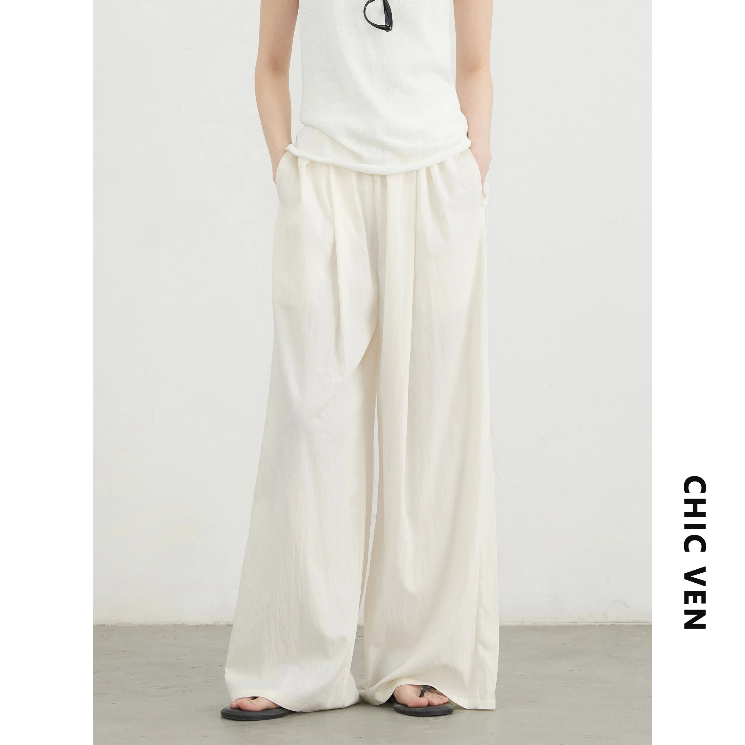 CHIC VEN Women Pants Solid Elastic Waist Loose High Waisted Casual Female Trouser Long  Wide Leg Pant Spring Summer 2025