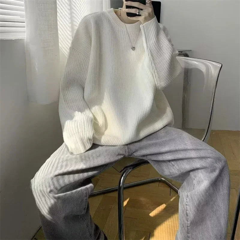 2026 Autumn Crew Neck Solid Color Pullover Sweaters For Men Casual Y2K Knitted Sweater High Street Fashion Jumpers Hombre