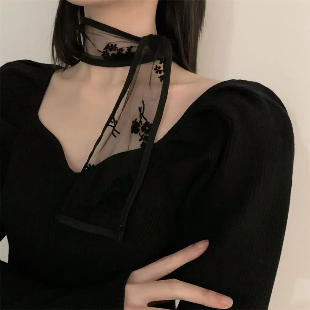 Y2k Sweet Flower Lace Neck Strap Dressing Decoration Korean Style Hair Band Neckerchief Transparent Long Ribbon Head Scarf