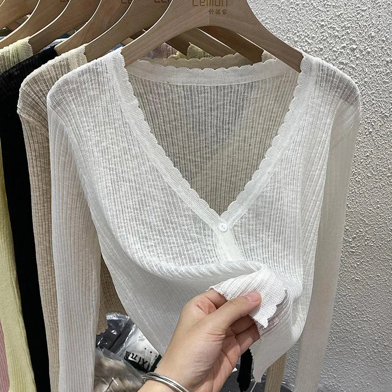 Short Ice Silk Knitted Sun Protection Cardigan Women's Thin Summer Autumn Suspender Skirt Layered Gauze Jacket
