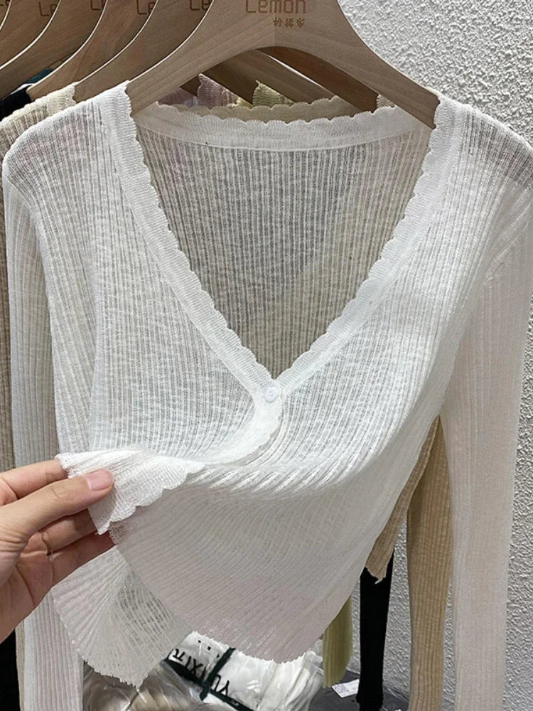 Short Ice Silk Knitted Sun Protection Cardigan Women's Thin Summer Autumn Suspender Skirt Layered Gauze Jacket