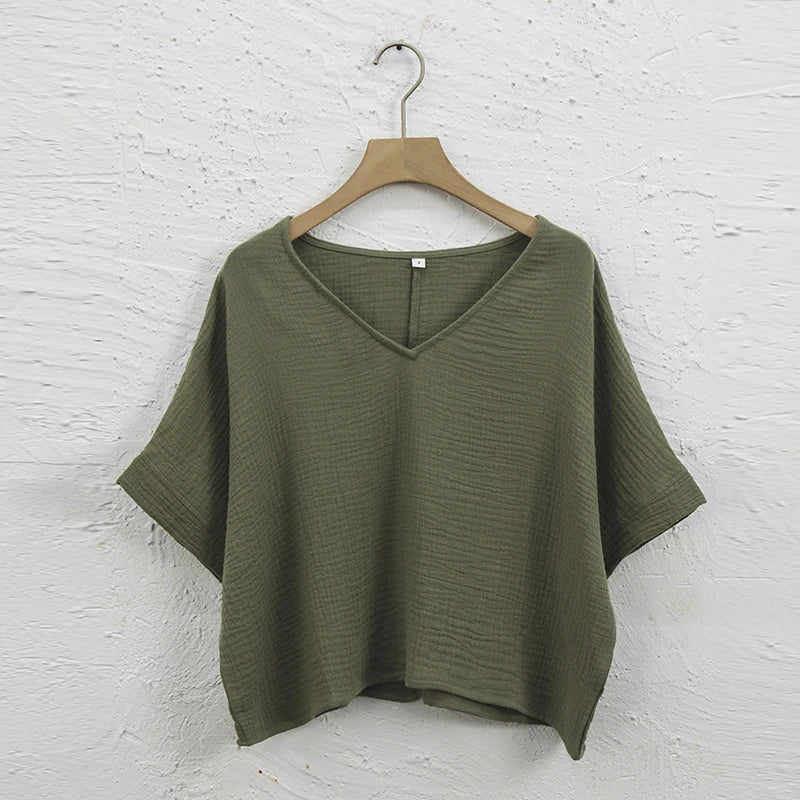 Muslin 100% Cotton Short Sleeve Tee Sexy V-Neck Oversized T-Shirt Streetwear Top Shirts And Blouse Lady Pulovers Camisetas