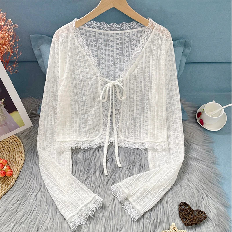 Sheer Lace Cardigan with Lace Trim Tie Front Long Sleeve Crop Top Women Textured Shrug Spring Summer 2026 Shrunken Cardigan