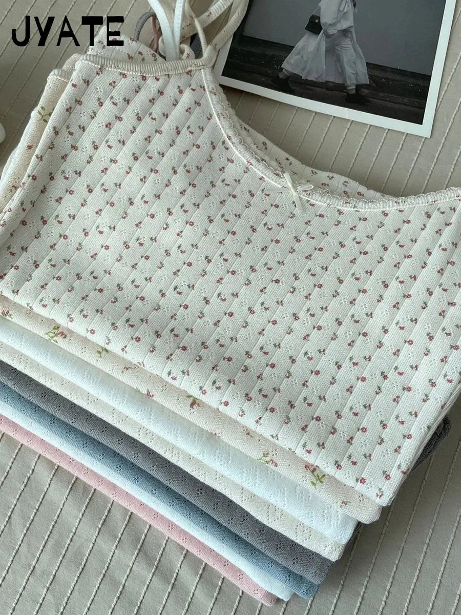 Sweet Floral Print Eyelet Bow Cropped Vests Women Cotton Casual Slim Lace Trim Tank Tops Vintage Preppy Style Cute Camisole Y2K