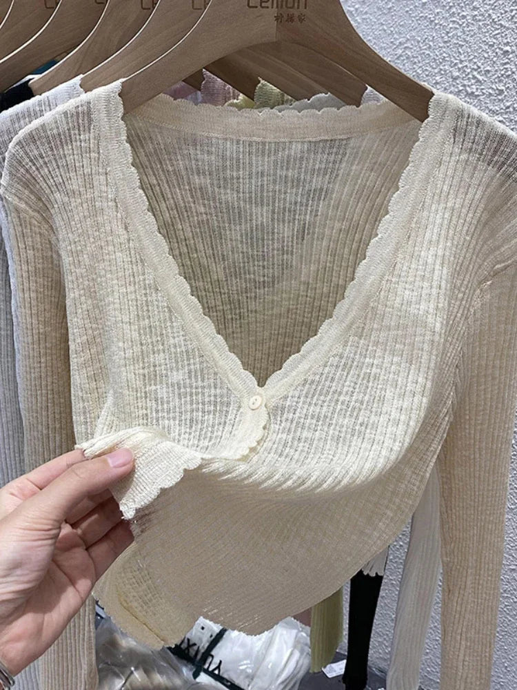 Short Ice Silk Knitted Sun Protection Cardigan Women's Thin Summer Autumn Suspender Skirt Layered Gauze Jacket