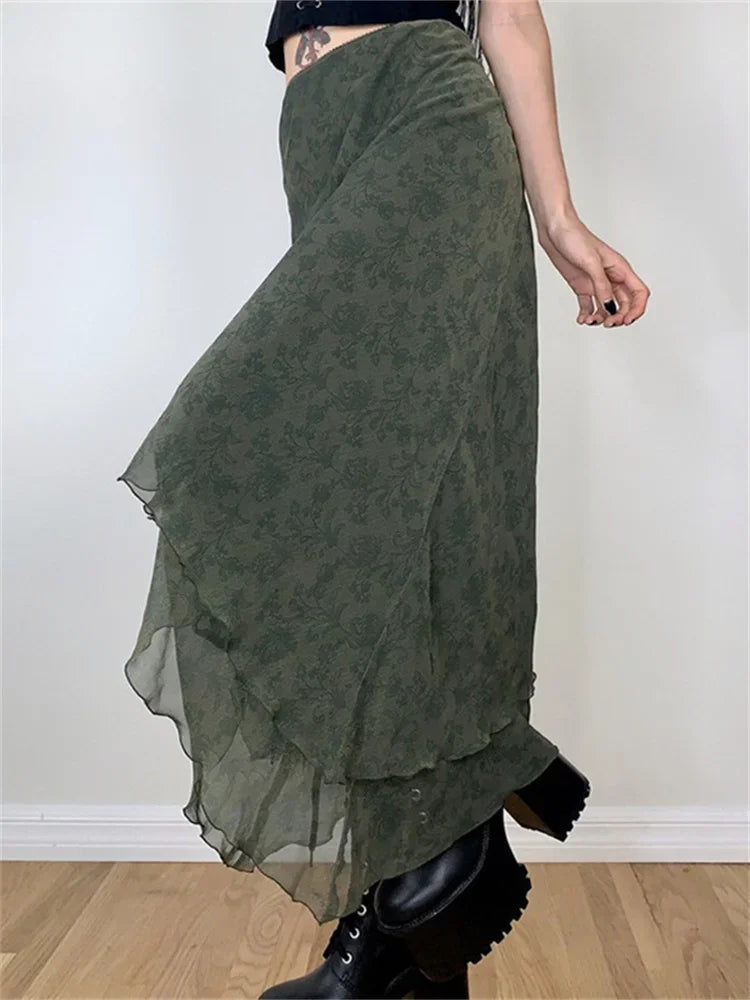 Women Floral Midi Skirts High Waist Mesh Wrapped Irregular Skirt Y2K Aesthetic Grunge Casual Sexy Streetwear