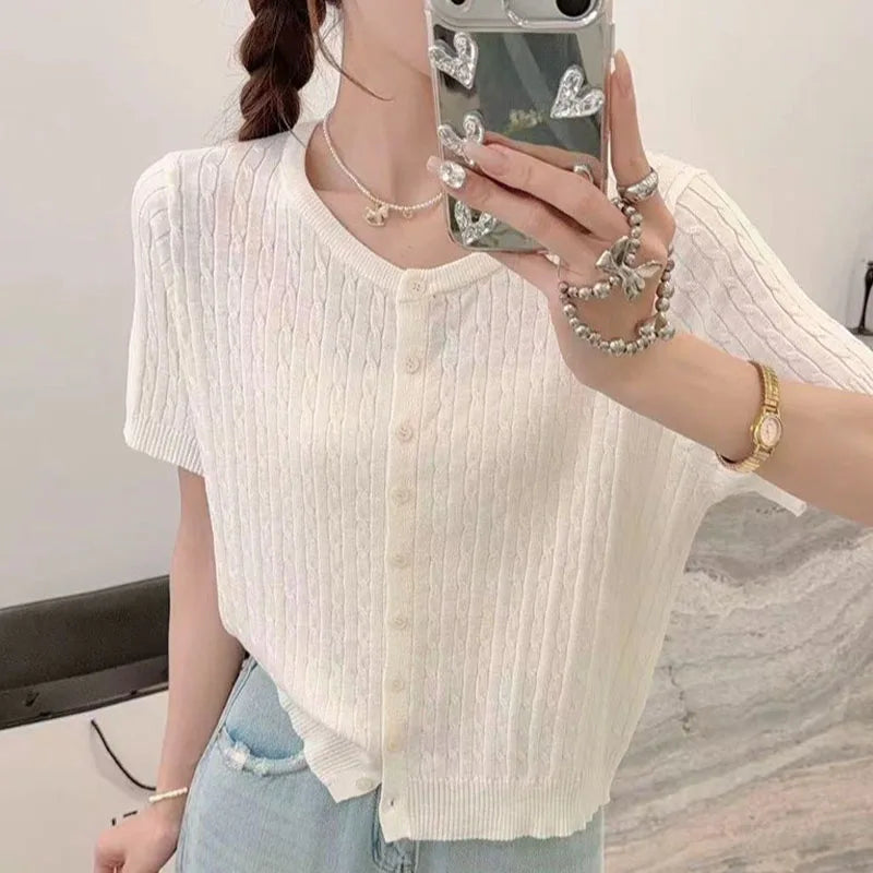 Knitwears Knitted Sweater Women Cardigans O-Neck White Knit Sweater Cardigan Women Tops New Summer Short Sleeve Sweaters Q3730