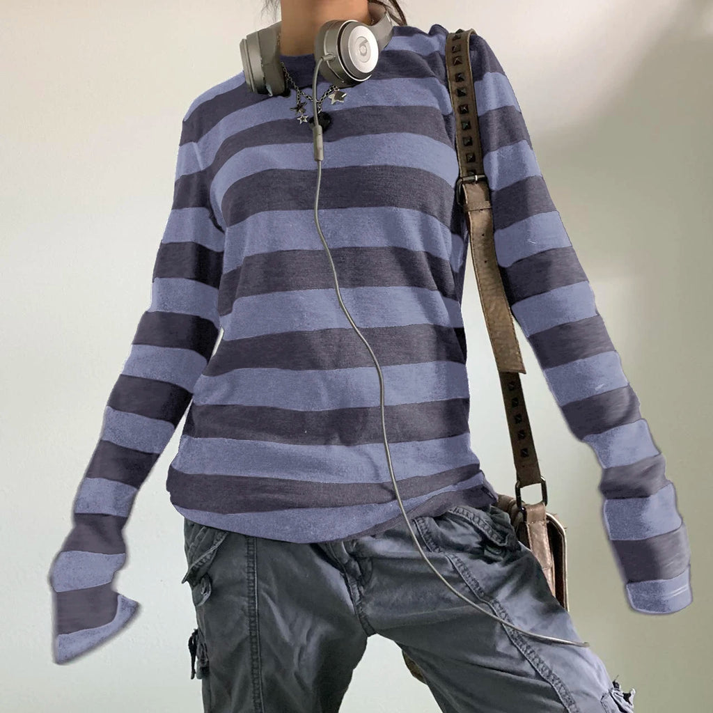 Women Fairy Grunge Knit Basic Shirt Autumn Y2K Grey Black Striped Long Sleeve Round Neck Tops Emo Tee