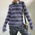 Women Fairy Grunge Knit Basic Shirt Autumn Y2K Grey Black Striped Long Sleeve Round Neck Tops Emo Tee