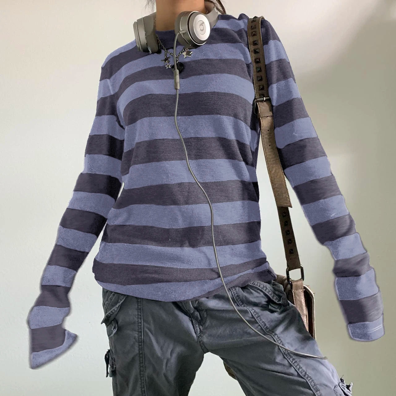 Women Fairy Grunge Knit Basic Shirt Autumn Y2K Grey Black Striped Long Sleeve Round Neck Tops Emo Tee