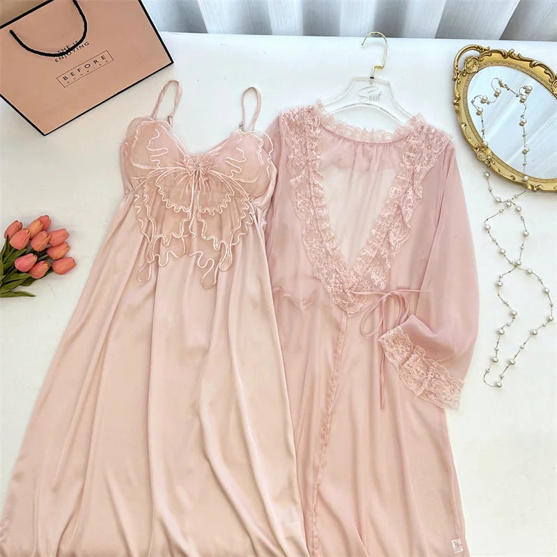 Summer New Arrival Chiffon Bathrobe With Ice-silk Nightdress Set Robe Gown Sets Fashion Women's Sweet Elegant Fairy Sleepwear
