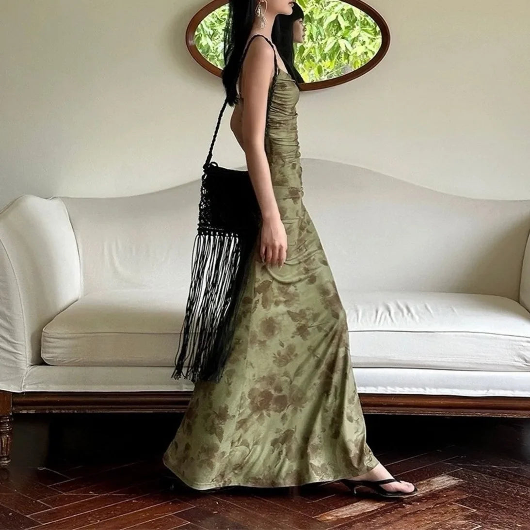 Elegant Green Floral Lace Halter Dress Women's Summer Design High Waist Bodycon Fish Tail Long Gown Chinese New Style
