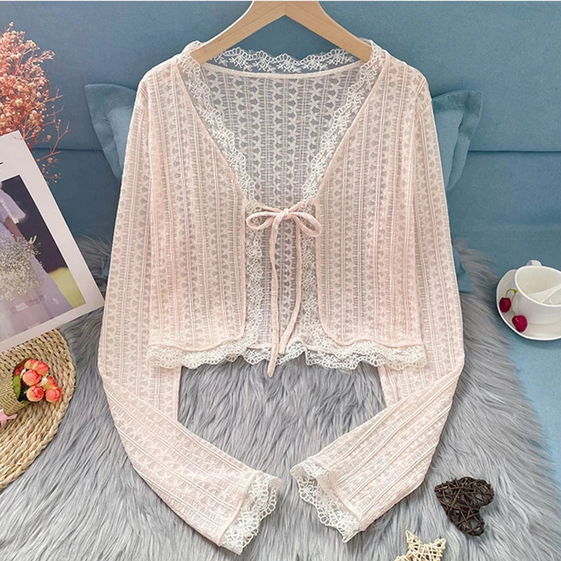 Sheer Lace Cardigan with Lace Trim Tie Front Long Sleeve Crop Top Women Textured Shrug Spring Summer 2026 Shrunken Cardigan