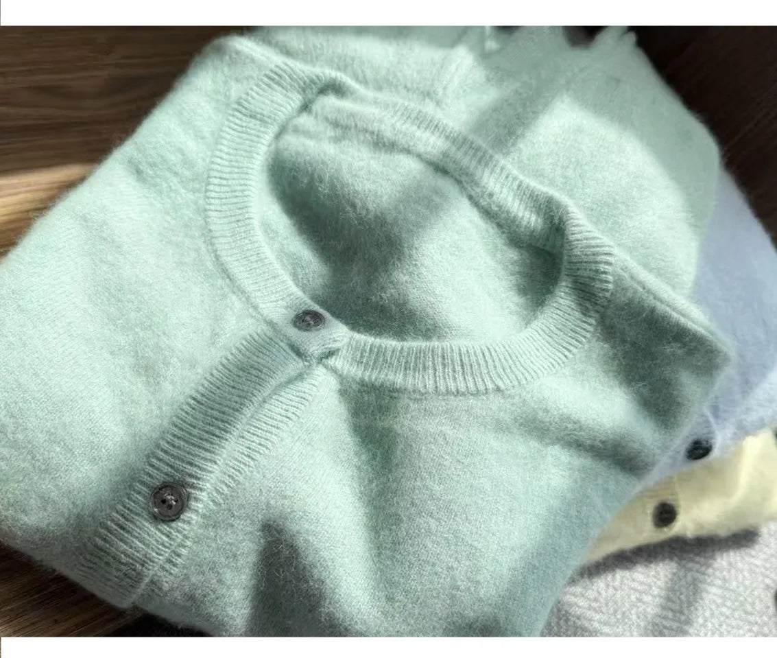 100% Pure Mink Cashmere sweater coat women's round-neck cardigan autumn and winter soft loose wool knitted foreign style top