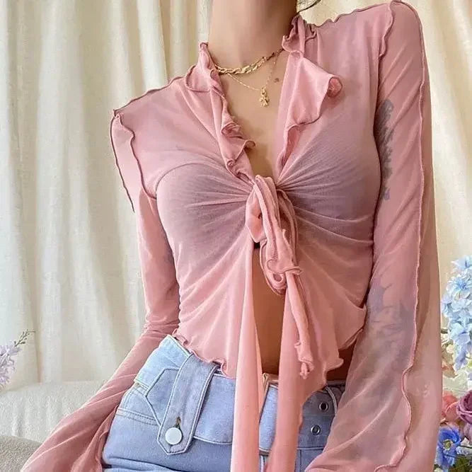 Long Flare Sleeve Sexy Sweet Hot Girls Korean Blouses for Women Lace-up Mesh Fashion Style All-match Solid Design Elegant Casual