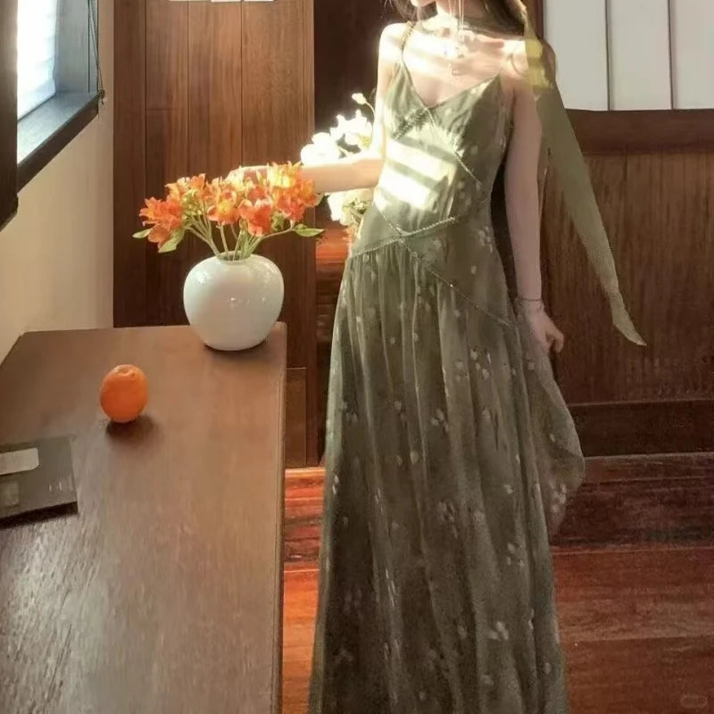 2025 New Vintage Elegant French Floral Print V-neck Strapless Midi Dress Retro Women's Sweet Summer Vacation Style Long Dresses