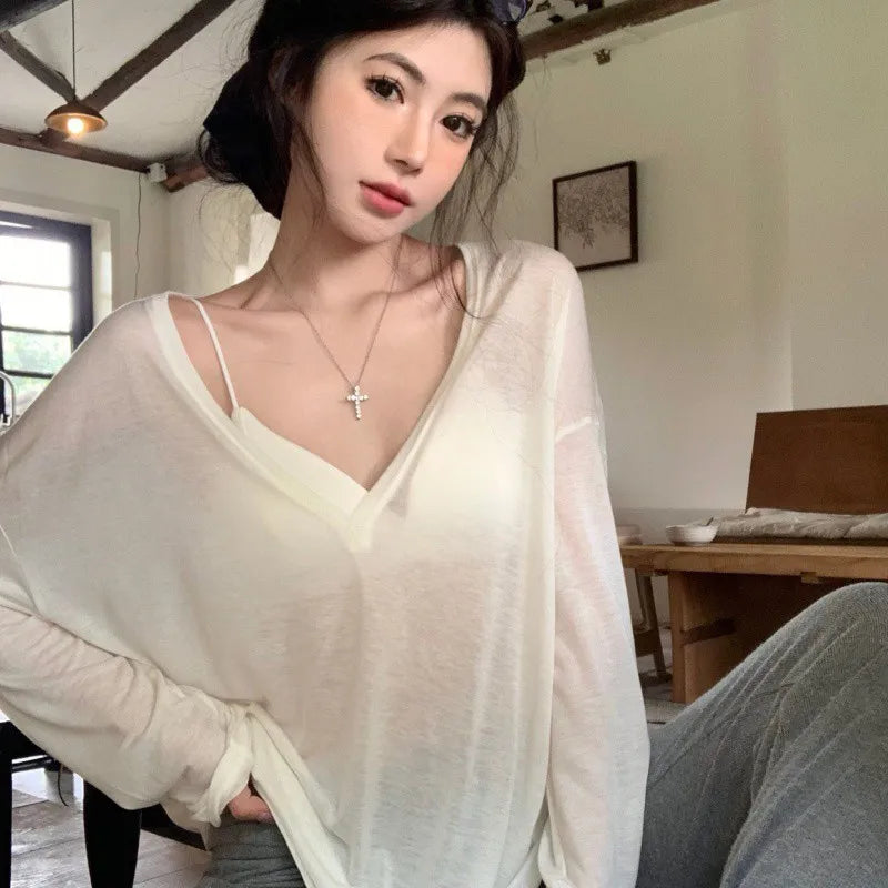 Thin Perspective Long Sleeved T-shirt for Women's Summer Loose Casual Korean Base Sun Protection Cover Up Top for Women