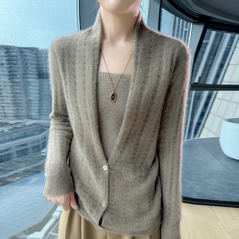Scarf Collar Women Cardigan Tops Autumn Winter New Chic 100% Merino Wool Sweater Graceful Woman Wool Sweater Elegant Soft Blouse