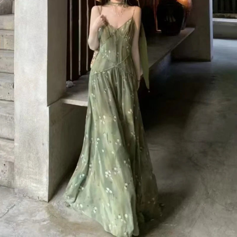2025 New Vintage Elegant French Floral Print V-neck Strapless Midi Dress Retro Women's Sweet Summer Vacation Style Long Dresses