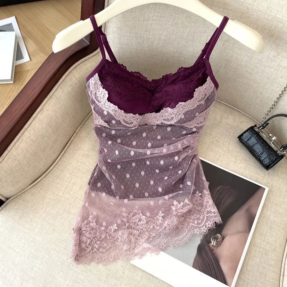 Lace Dots Fake Two Pieces Camisole Wrapped Chest Bra Slim Fit Sweet Girl's Tank Top Tank Top Elastic Bra with Pads Cami Summer