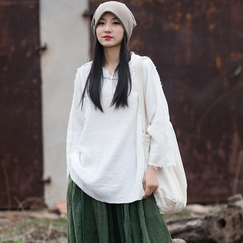 100% Cotton Women Long Sleeve Casual T-shirts New 2025 Spring Vintage Style Solid Color Loose Female Tops Tees Oversized M398