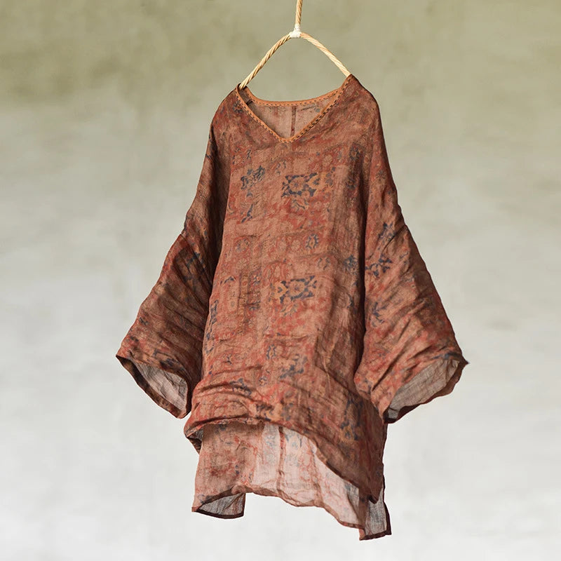 Oversized Women Casual Linen T-shirts New 2025 Summer Vintage Style V-neck Floral Print Loose Female Casual Tops Tees M739