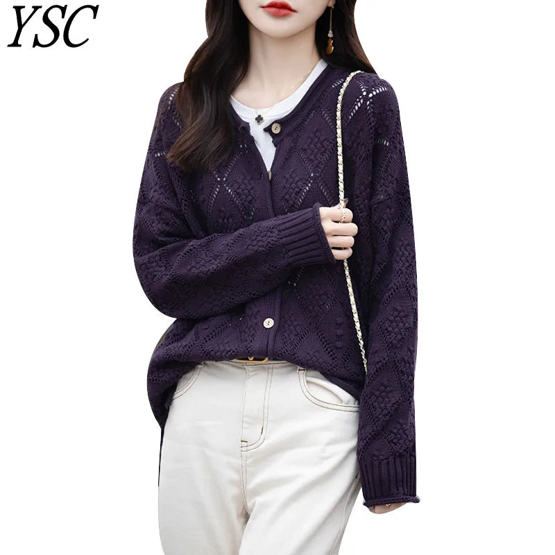 2024 Fashion Models Women Knitwear 100% Cotton Cardigan O-Neck Long Sleeve Hollow Decoration Loose Fit Cardigan Clothing Tops