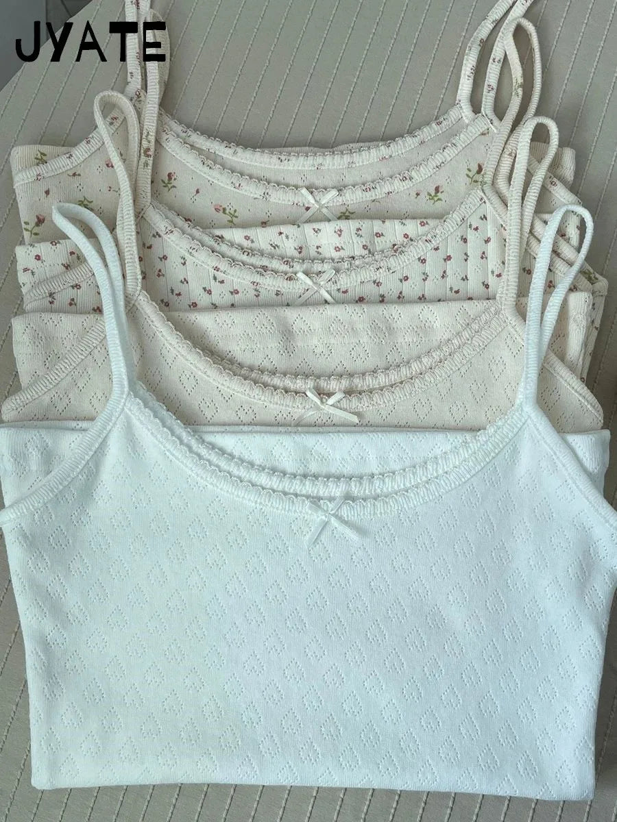 Sweet Floral Print Eyelet Bow Cropped Vests Women Cotton Casual Slim Lace Trim Tank Tops Vintage Preppy Style Cute Camisole Y2K