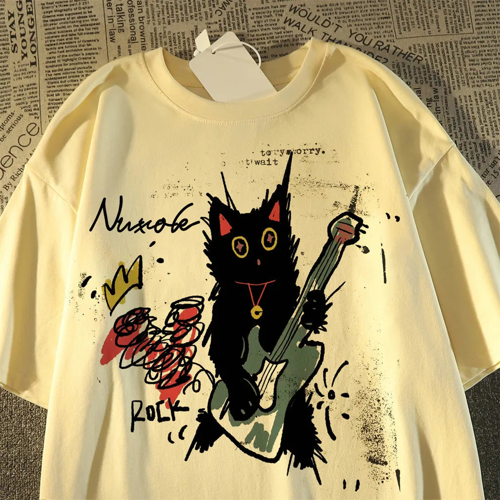 Women's Summer T-shirt Cute Black Cat Guitar Print Short Sleeve Crew Neck Casual Loose Tee Y2K Streetwear Tops