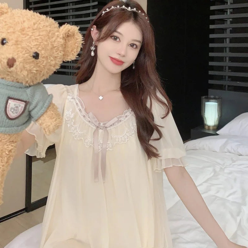 Summer Fashion Vintage Loose Mesh Night Dress Women Lace Cute Short Sleeve Nightgown V-Neck Sweet  Princess Nightwear