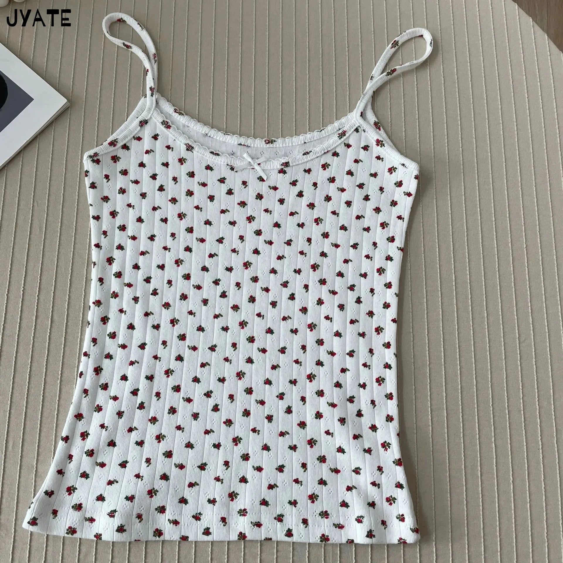 Sweet Floral Print Eyelet Bow Cropped Vests Women Cotton Casual Slim Lace Trim Tank Tops Vintage Preppy Style Cute Camisole Y2K