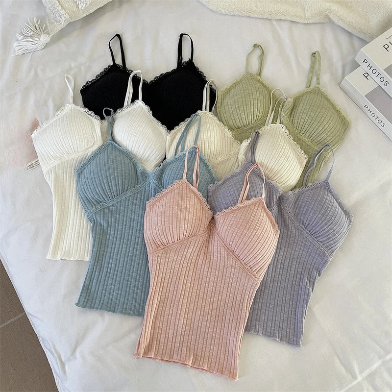 New Pure Desire Women's Lace Trim Tank Top Sensual Slimming Sexy Girl with Chest Pad Outerwear White Inner Match Base shirt
