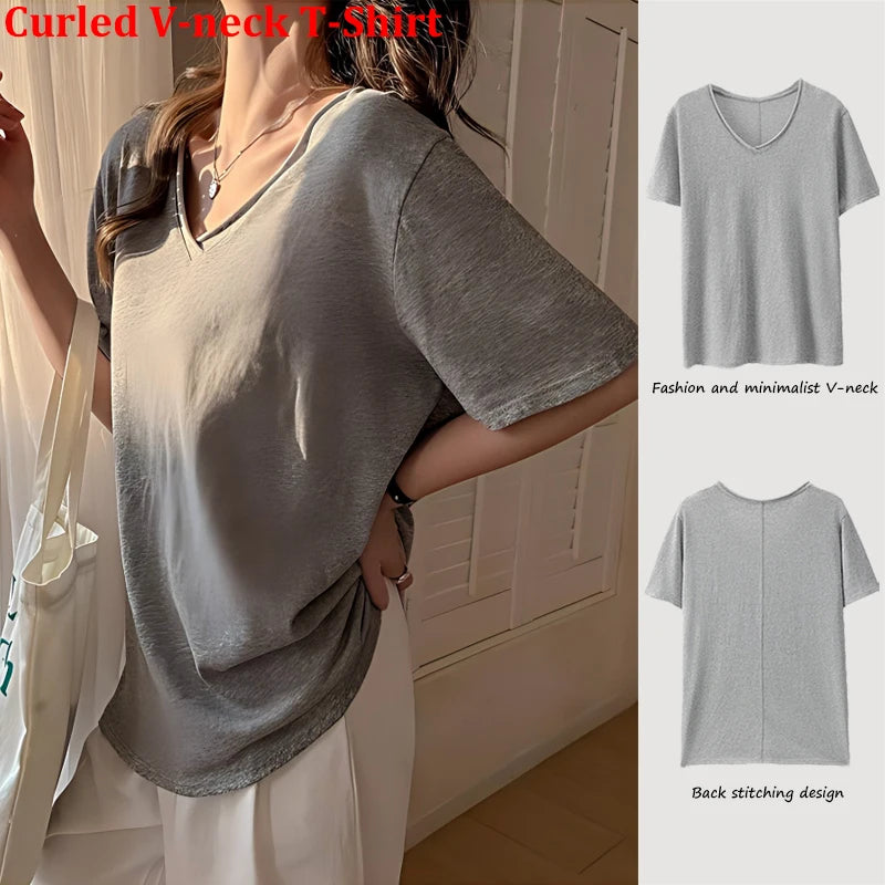 Daily Summer Curled V-neck T-Shirts Women Comfy Casual Korean Short Sleeve Breathable Office Soft Streetwear Street Basic Tops
