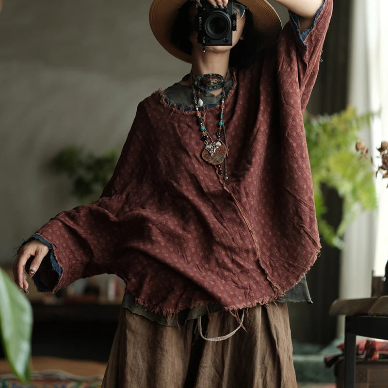 100% Cotton Women Casual T-shirt New 2025 Autumn Vintage Style O-neck Polka Dot Loose Female Batwing Sleeve Tops Tees M1926