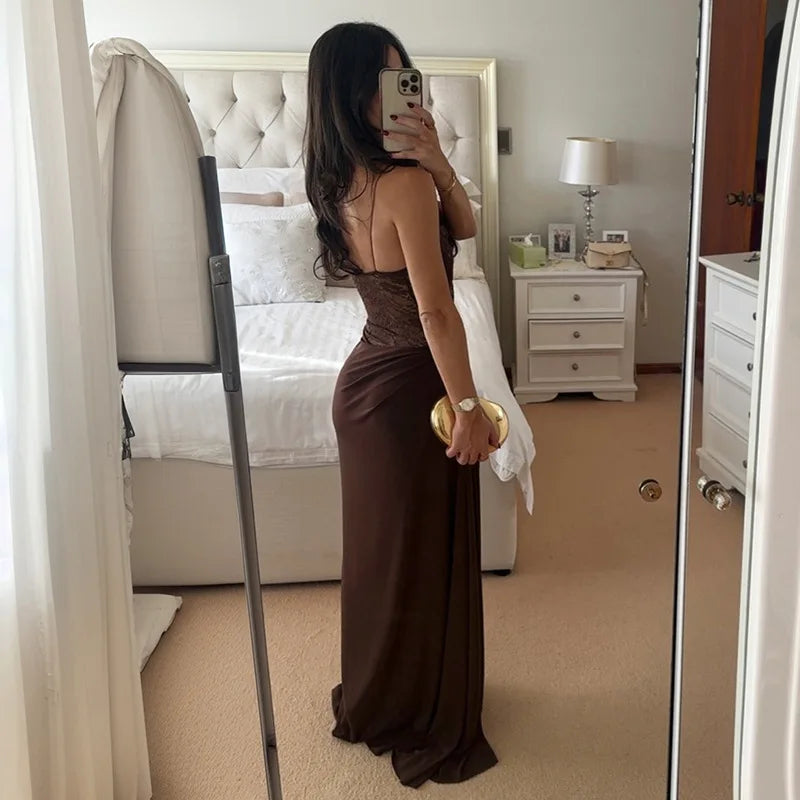 Luxury Women's Brown Curvy Dress Sexy One Shoulder Lace Transparent Party Evening Long Dresses Female Black Burgundy New Summer