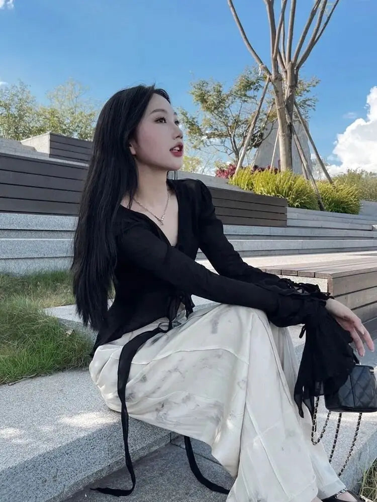 Flare Sleeve Blouses Women Chiffon Breathable Lace-up All-match Elegant V-neck Korean Style Y2k Ruffles Transparent Design Chic