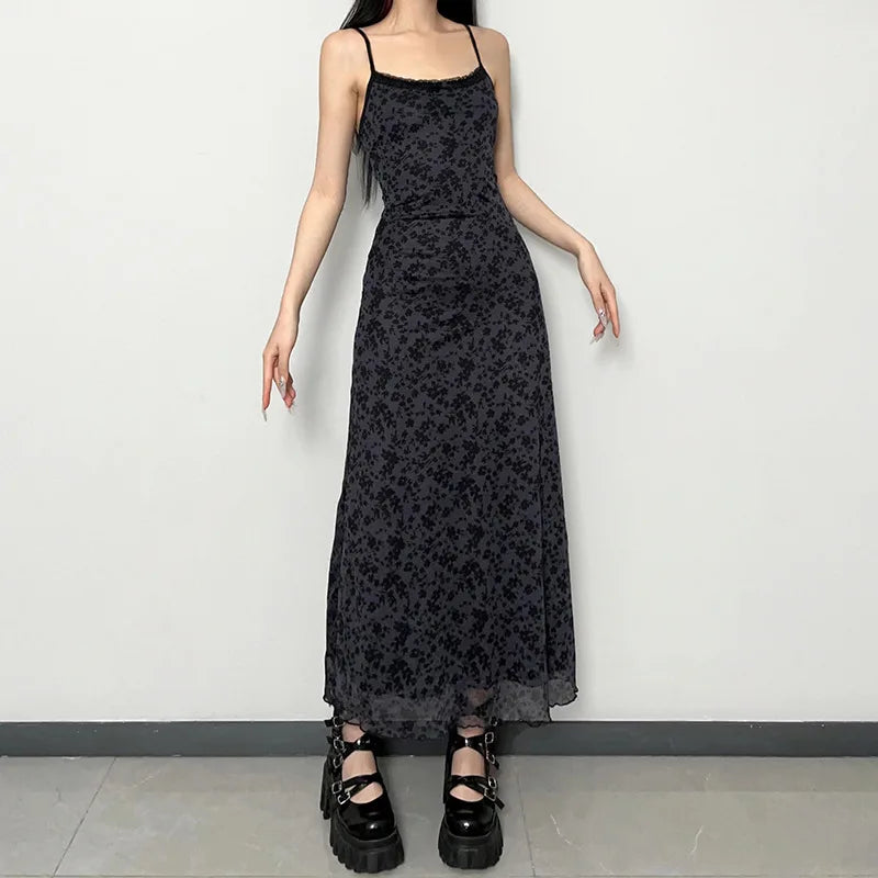 Vintage Grunge Printed Long Dress O Neck y2k Punk Black Sundress Lace Up Fairycore Gothic Aesthetic Outfits Korean Bohemian