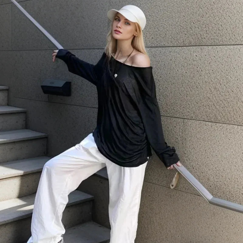 Korean Fashion Women Sheer Loose Tshirts Summer Casual Sun-proof Leisure Long Sleeve Clean Fit Ulzzang Style